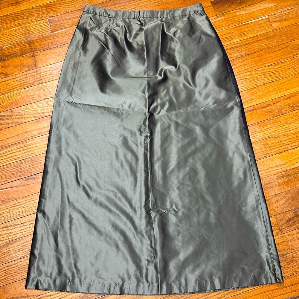 VTG Ann Taylor Size 6 Silk Formal Olive Green A-Line Midi Skirt Metallic Sheen
